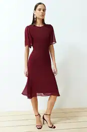 Burgundy Skirt Flounce A-line Chiffon Midi Lined Woven Dress