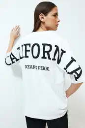 White 100% Cotton Back Motto Printed Oversize/Wide Fit Knitted T-Shirt