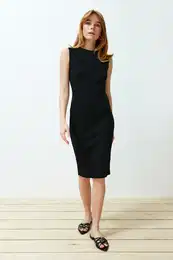 Black Knitwear Collar Openwork/Hole Detailed Dress