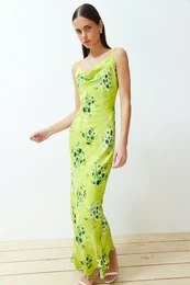 Green Floral Degaje Collar Strap Midi Woven Dress