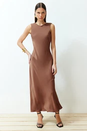 Brown Back Detailed Satin Maxi Woven Dress