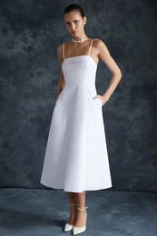 100% Cotton Poplin Midi Woven Dress with White Skirt Opening at the Waist