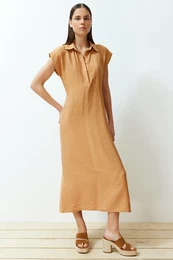 Camel A-line Shirt Collar Aerobin Maxi Woven Dress