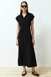 Black A-line Shirt Collar Aerobin Maxi Woven Dress
