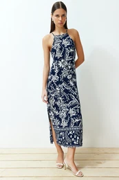 Navy Blue Floral Straight Cut Viscose Maxi Woven Dress