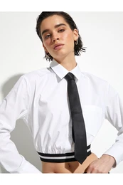 Crop Poplin Shirt Long Sleeve Waist Detailed Buttoned Pocket Cotton
