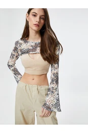 Openwork Crochet Crop Bolero T-Shirt Long Wide Sleeve Batik Patterned