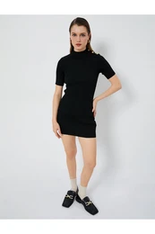 Super Mini Knitwear Dress Ribbed Short Sleeve Stand Collar
