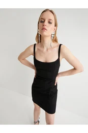 Strappy Mini Pencil Dress Back Window Detail Square Neck Slim Fit Lined