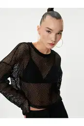 Crop Mesh T-Shirt Long Sleeve Crew Neck