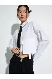 Crop Poplin Shirt Cargo Pocket Buttoned Long Sleeve Cotton