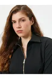Crop Blouse Zipper Slim Fit Stitch Detail Long Sleeve