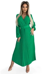 Pleated midi dress with neckline, long sleeves and wide belt