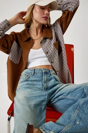 Happiness stanbul Women's Tan Cream Color Block Suede Woven Shirt