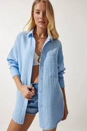 Happiness stanbul Women's Sky Blue Pocket Oversize Muslin Shirt