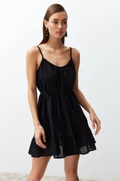 Black Belted Mini Woven Ruffle Beach Dress