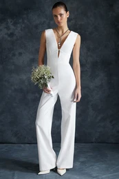Bridal White Wide Leg Unlined Woven Wedding/Marriage Jumpsuit
