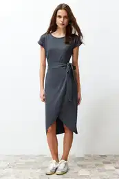 Anthracite 100% Cotton Double Breasted Closure Tie Detailed Midi Knitted Maxi Dress