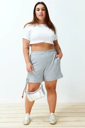 Curve Grey Button Detail 100% Cotton Knitted Plus Size Shorts & Bermudas