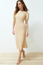 Stone Body Wrap Balloon Sleeve Midi Woven Dress