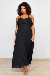 Curve Black Maxi Collar Flounce Plus Size Beach Dress