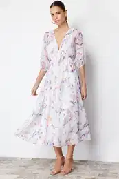 Ecru Abstract Pattern A-Line Chiffon Lined Maxi Woven Dress