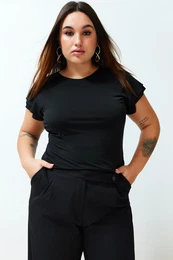 Curve Black Sleeve Detailed Knitted Blouse