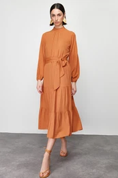 Brown Plain Frilly Woven Dress