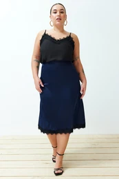Curve Navy Blue Satin Midi Length Lace Woven Skirt
