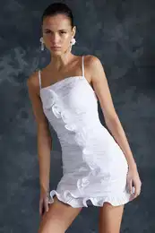 Bridal White Rose Detailed Pleated Woven Short Wedding/Wedding Elegant Evening Dress