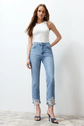 Blue Ripped High Waist Straight Jeans