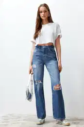 Blue Ripped High Waist Wide Leg Jeans