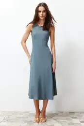 Anthracite 100% Cotton Skater/Waisted Crew Neck Sleeveless Midi Knitted Midi Dress