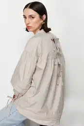 Stone Back Tie Detail Cotton Woven Shirt