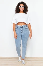 Curve Light Blue Tassel Detailed Elastic Skinny Jeans