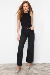 Black Stone Detailed High Waist Wide Leg Jeans