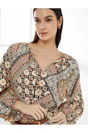 Balloon Sleeve Blouse Ethnic Patterned Window Detailed Viscose Blend