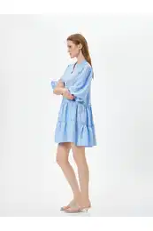 Flounce V Neck Viscose Mini Balloon Sleeve Dress