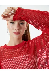 Mesh Crop T-Shirt Long Sleeve Crew Neck Cotton