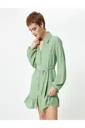 Shirt Dress Mini Length Long Sleeve Ruffle Detailed Belt Detailed