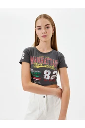 Crop College T-Shirt Short Sleeve Crew Neck Cotton