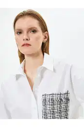 Long Sleeve Poplin Shirt Buttoned Tweed Detailed Cotton