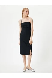 Midi Length Viscose Dress with Thin Straps and Slit Detail