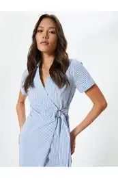 Midi Poplin Shirt Dress Double Breasted Belted Short Sleeve