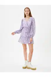 Floral Double Breasted Mini Dress Tulle Long Balloon Sleeve Ruffle Detailed