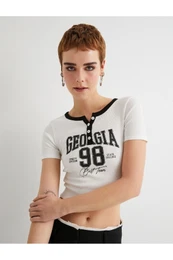 Crop T-Shirt Printed V Neck Buttoned Short Sleeve Welt Cotton