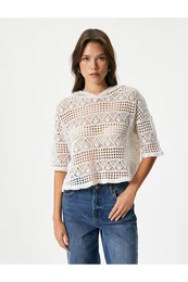 Crop Crochet Sweatshirt Hooded Short Sleeve Openwork