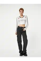 V-Neck Crop T-Shirt Long Sleeve Color Contrast Printed Cotton