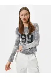 Mesh T-Shirt College Themed Printed Tie Dye Pattern Long Sleeve Cotton Slim Fit
