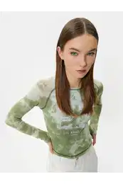 Mesh T-Shirt College Themed Printed Tie Dye Pattern Long Sleeve Cotton Slim Fit